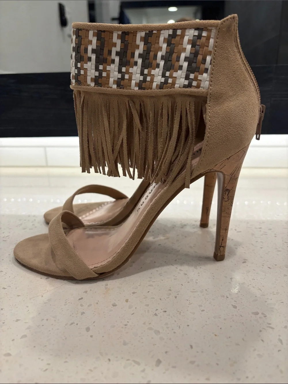 Chinese Laundry Taupe Fringe Ankle-Wrap Heels with Woven Accent
